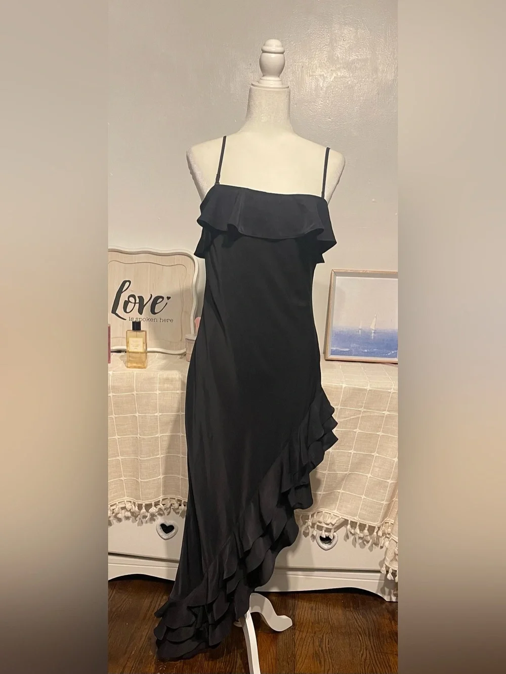 Abercrombie & Fitch Black Ruffle-Trim Maxi Slip Dress with Side Slit size M